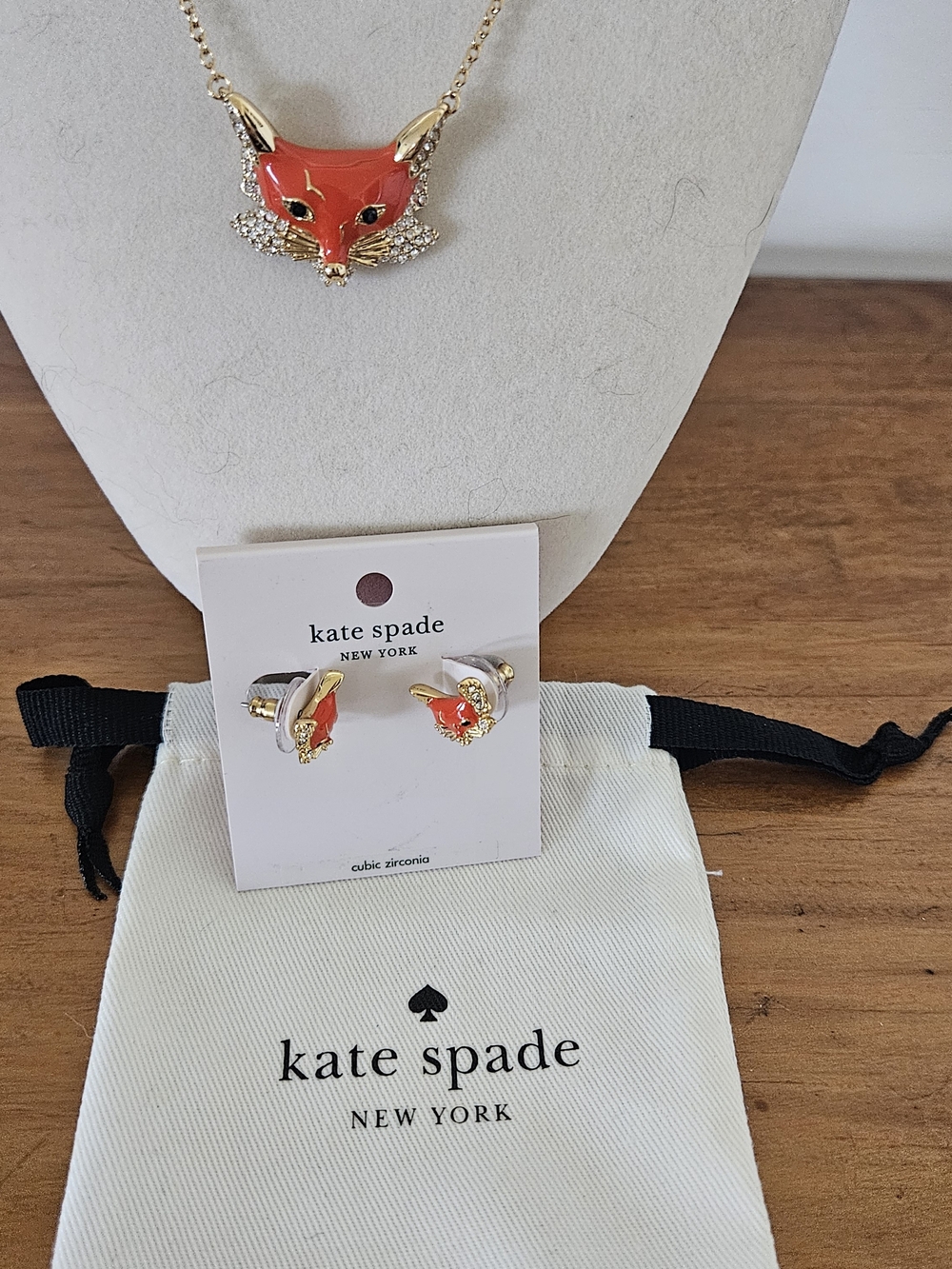 kate spade Gold-Tone Necklace & Studs with Red Enamel Fox Motif